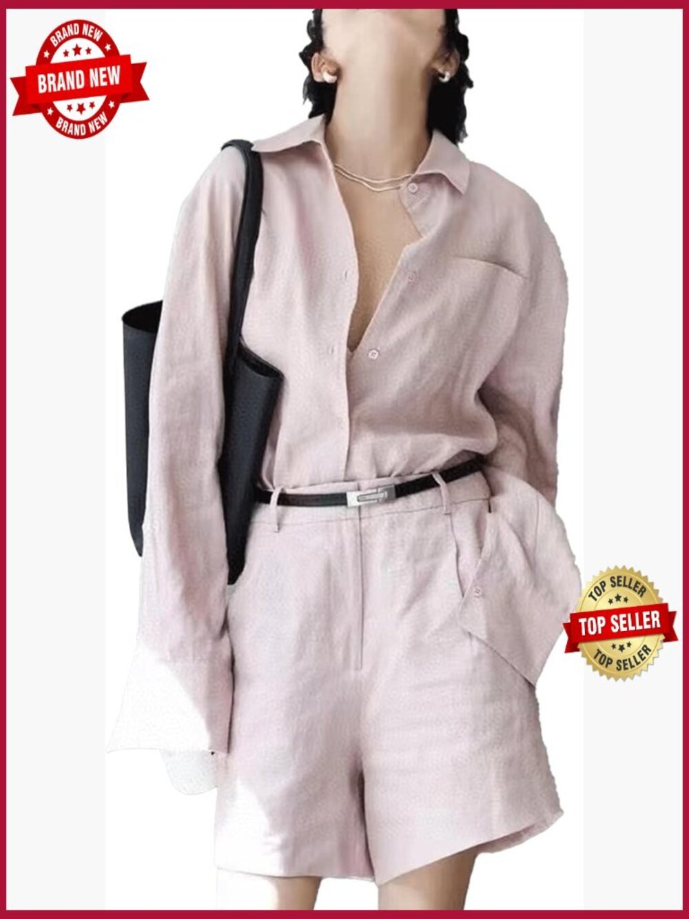 Women's 2 Piece Outfit Loose Button Down Shirt and High Waisted Shorts Set